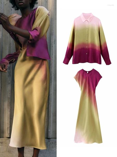Casual Dresses Mode Tie-Dyed Langes Kleid Frauen Eleganter Farbverlauf Ärmellos Falten Rundhalsausschnitt Vestidos Frühling High Street Lady Frock