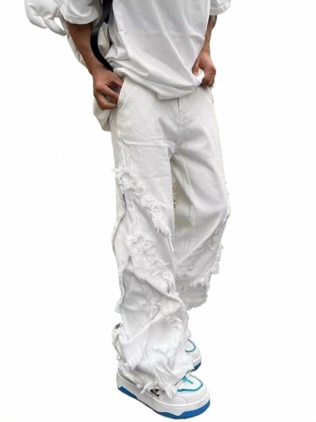 American Style Erosi Damage Raw Edge Street Jeans Masculino Harajuku Estilo Hip-hop Dance Straight White Jeans Mulheres Y2K Roupas O9TV #