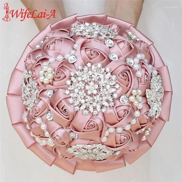 Flores de casamento wifelai-uma fita champanhe rosa segurando flor romântico artificial buquê de dama de honra com cristal w3217d