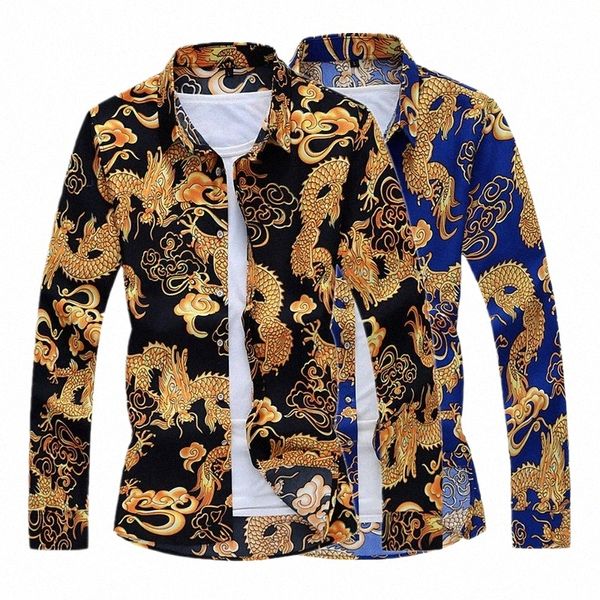 Gold Chinese Drag Print Lg Sleeve Shirt Herren Einreiher Quadratischer Kragen Männer Shirts Schwarz Camisa Fi Casual Chemise Q8mG #