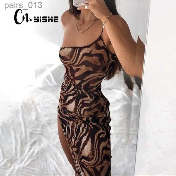 Grundlegende Freizeitkleider CNYISHE Tiger Print One-Shoulder Sexy Schlitz Maxikleid Sommer Frauen Mode Streetwear Outfits Party Club Weibliche Roben yq240328