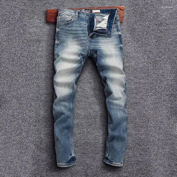 Herren Jeans Hochwertige Modedesigner Männer Retro Blau Stretch Slim Fit Vintage Stickerei Selvedge Rote Linie Denim Hosen