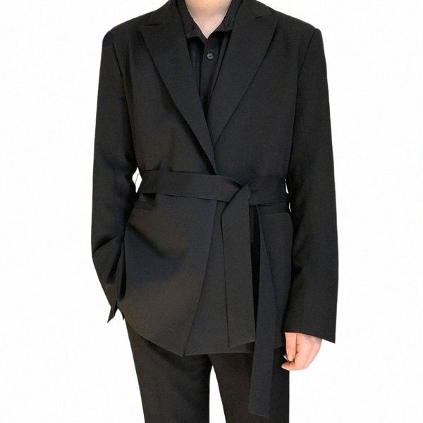 Iefb / desgaste masculino 2023 outono casual preto terno solto casaco auto-cultivati tendência bonito pequenos blazers com design de cinto 9y90001 w5ua #