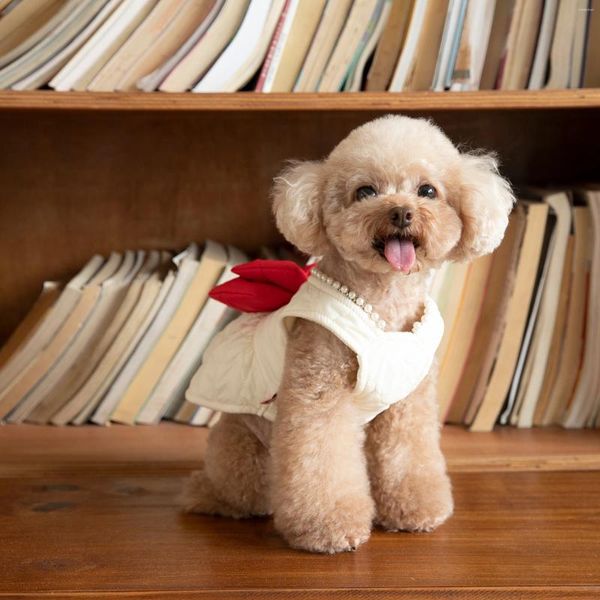 Vestuário para cães Vestido de algodão com laço vermelho para animais de estimação Gato e roupas Teddy Bear Casaco Outono Inverno
