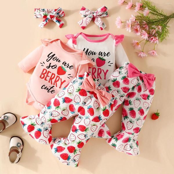 Set di abbigliamento Pudcoco Born 3 pezzi Baby Girl Abiti autunnali Pagliaccetto a maniche lunghe Pantaloni a fragole Set di fasce per neonati 0-18 mesi