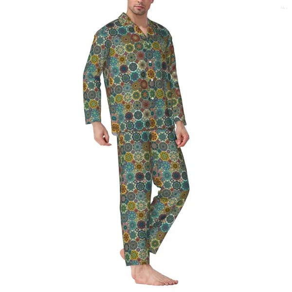 Startseite Kleidung Vintage-Pyjama mit Blumendruck für Herren, abstrakte Fliese, schöne Freizeit-Nachtwäsche, Herbst, 2 Stück, lockere, übergroße, bedruckte Pyjama-Sets