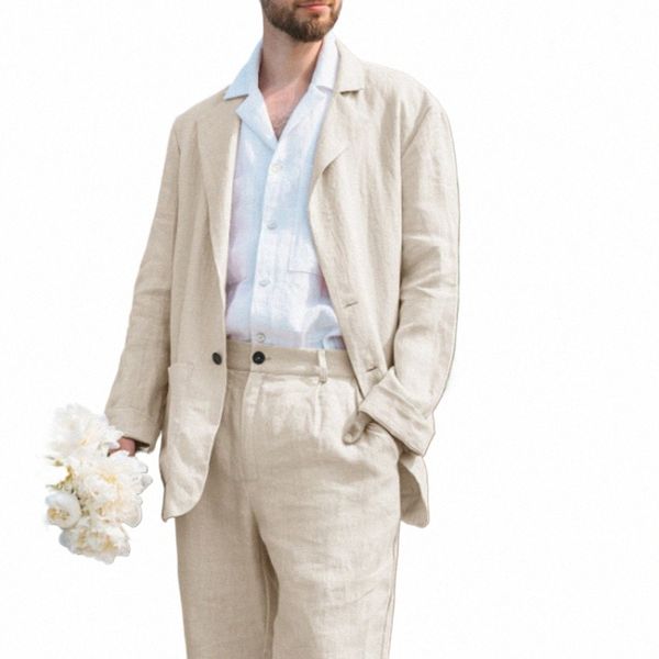 Erkek Yakası Yakası Keten Takım 2 Parçalı Takım Ceket+Pantolon En İyi Erkekler Düğün Takım Serin ve Nefes Alabilir P1XD#