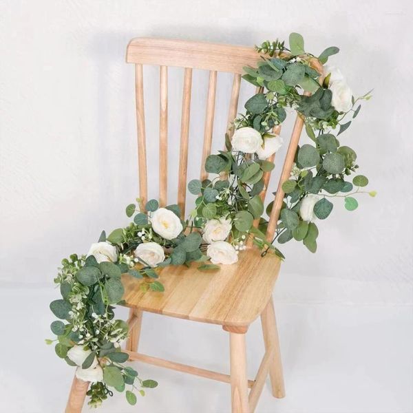 Dekorative Blumen, 2 Stück, künstliche Rosenrankengirlande, 1,5 m, Blumen-Hängekörbe, Pflanzen mit weißen und Eukalyptusblättern