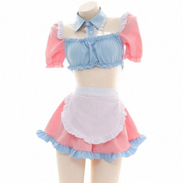 Anilv Bonito Anime Lolita Girl Pink Maid Trajes de banho Japonês Coffee Bar Maid Uniform Set Cosplay J2wv #