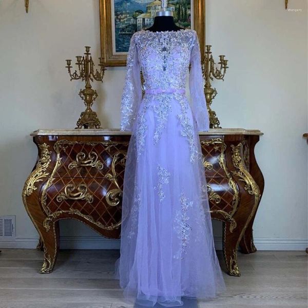 Vestidos de festa moderno luz roxo mangas compridas rendas apliques noite feito sob encomenda formal crescido 2024 rode de morrie