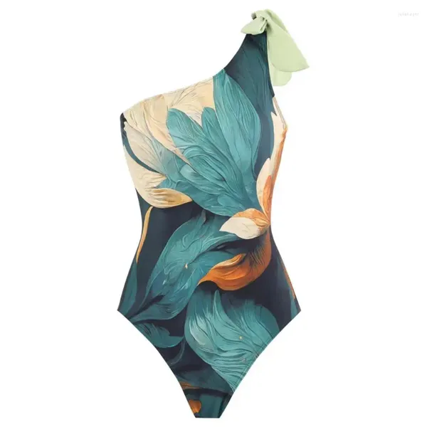 Женский купальник, женский купальник с тушью и цветочным принтом, юбка-монокини на одно плечо, на шнуровке, с высокой талией для женщин