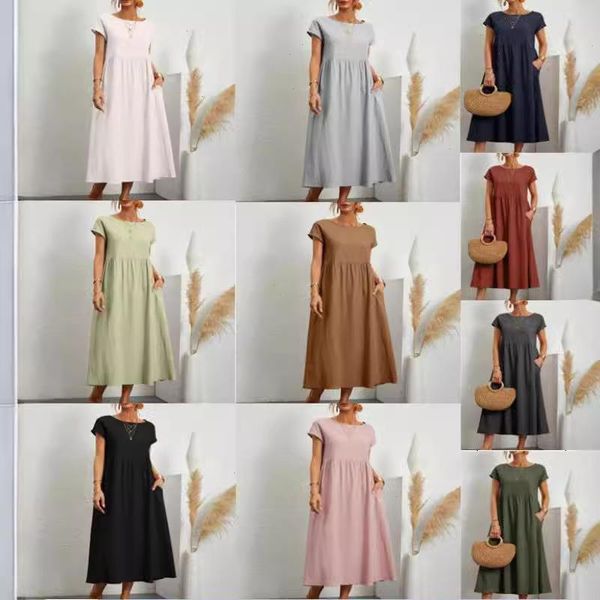 Einfarbiges ärmelloses Kleid aus Baumwollleinen mit losen Taschen Großhandel für Damenbekleidung