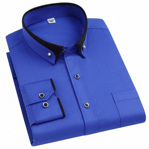 camisa masculina lg manga elástica comprovada de rugas do escritório da primavera e outono clássico clássico Royal azul -preto -white -verde i4as#