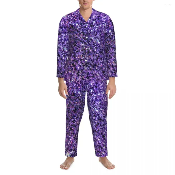 Casa roupas lavanda glitter impressão pijama conjuntos outono roxo bling moda lazer pijamas unissex 2 peças casual terno de grandes dimensões