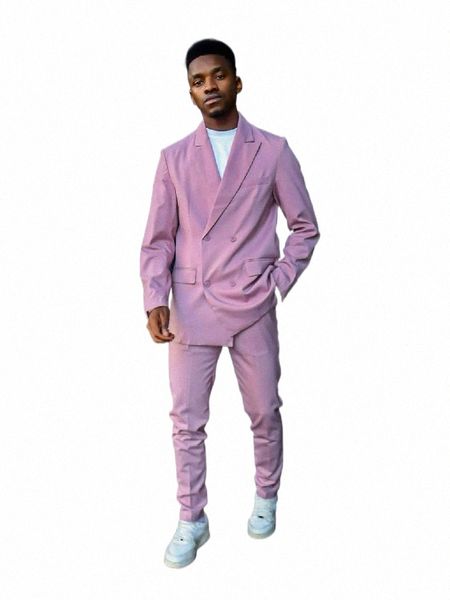 costume Homme Pink Men 's Suit 2 pezzi Blazer Pantaloni doppio petto con visiera risvolto Loose Fi Busin Modern Wedding Groom G1IO #