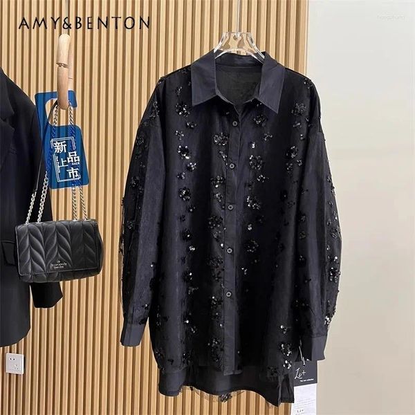 Camicette da donna Camicia con paillettes ricamate pesanti Abiti primaverili Design Senso Moda Sciolto Casual di media lunghezza Protezione solare Camicetta superiore