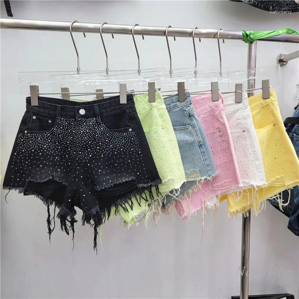 Pantaloncini di jeans strappati da donna Estate 2024 Pantaloni a gamba larga con strass colorati a vita alta dimagranti