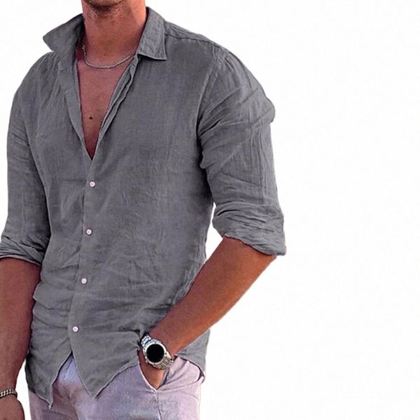 Cott Lino 2023 Estate dei nuovi uomini di colore solido Lino camicia casual Cardigan Lg manica sottile traspirante Camicie US S-3XL t0OI #