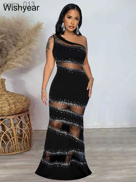 Grundlegende Freizeitkleider Luxus Sparkle Diamond Single Shoulder Strass Mesh Langes Maxikleid Frau Sexy Night Party Prom Geburtstag Abend Vestidos yq240328