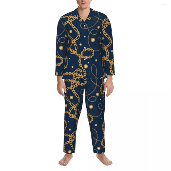 Startseite Bekleidung Pyjamas Herren Golden Chain Print Nachtnachtwäsche Digitale Kunst 2-teiliges Retro-Set Langarm Bequemer Übergröße-Anzug