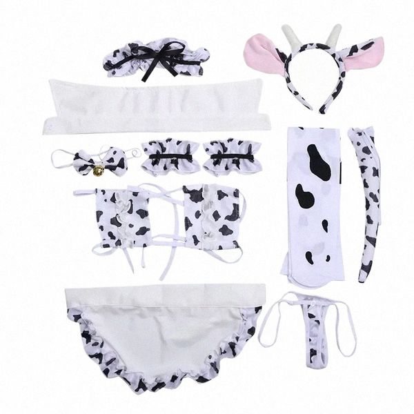 Yeni Cos Cow Cosplay Kostüm Hizmet Edin Bikini Mayo Anime Kızları Mayo Giyim Sütyen ve Panty Set Çorapları W6mn#