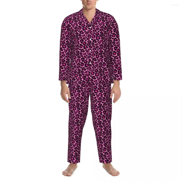 Home Clothing Rosa Leoparden-Pyjama-Set, Frühling, Tierfell-Druck, bequeme Schlafzimmer-Nachtwäsche, Paar, 2-teilig, Vintage, übergroße Nachtwäsche