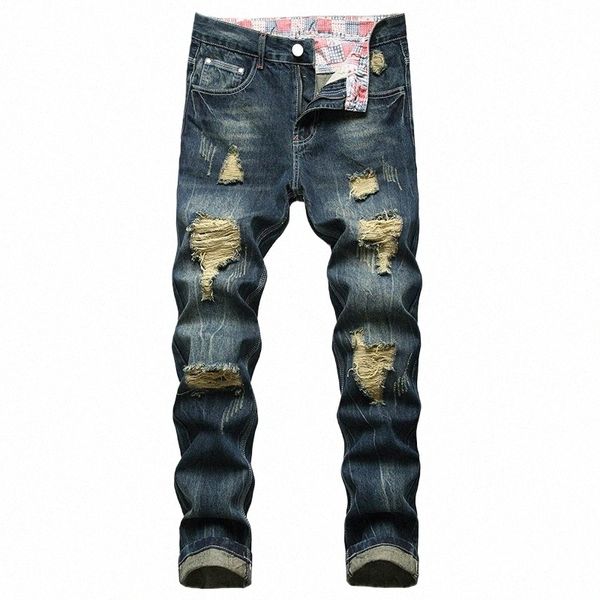 denim Ripped Cott Pantaloni casual strappati da uomo Fi Lg Plus Size 28-42 Jeans strappati blu scuro da uomo z7aL #