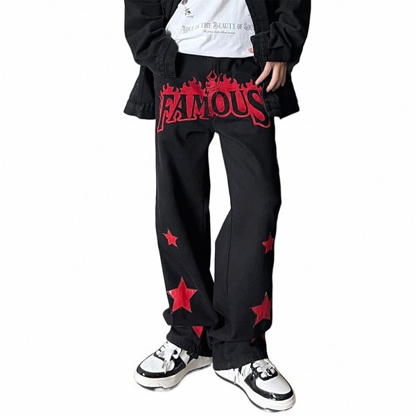 Houzhou Y2K Jeans Männer Stickerei Denim Hosen Stern Rot Druck Schwarze Hose Männlich Streetwear Hip Hop Casual Vintage Plus Größe 4XL C3Do #