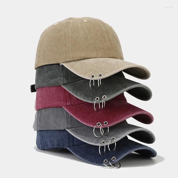 Cappellini con sfera lavati Anello in ferro vintage Baseball Maschile e femminile Personalità di strada Tendenza Casquette Cappelli Uomo Tinta unita Hip Hop Papà