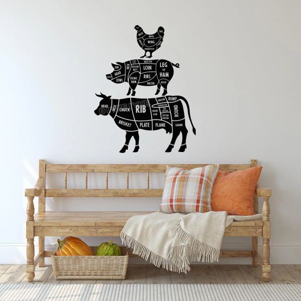 Adesivi Tagli di carne Mucca Maiale Pollo Decalcomania da muro Vinile Macellaio Grafico Adesivo da parete Animali da fattoria Decor Regalo Chef Cucina Decorazione da parete B537