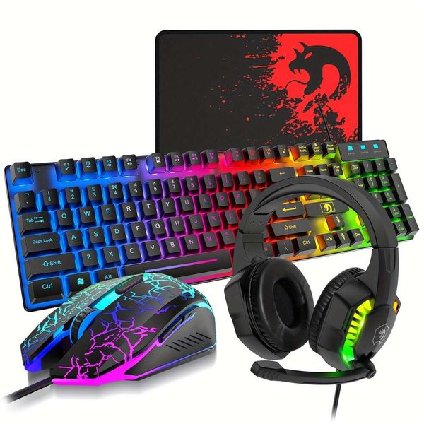 Combo tastiera e cuffie, tastiera cablata a LED, cuffie sovrauricolari con microfono, mouse da gioco retroilluminati arcobaleno, tappetino per mouse, per PC, laptop, PS4, Xbox (nero)