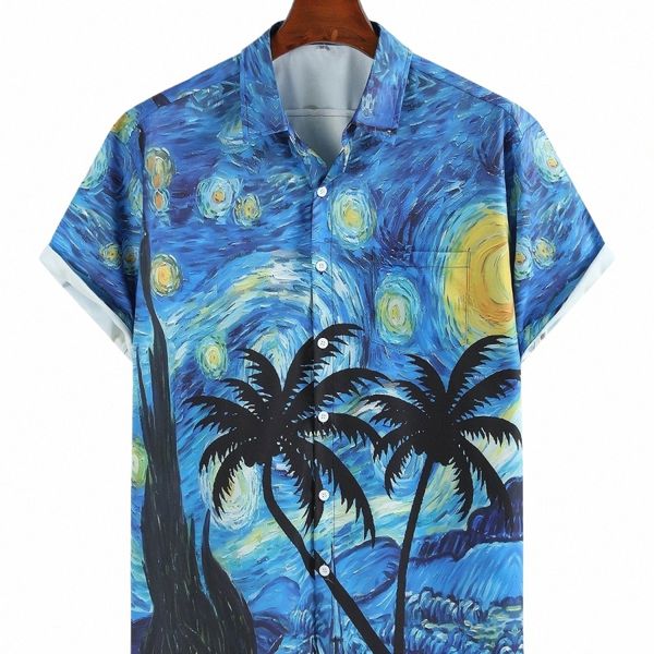 Homens estrelados noite impressão lapela butt up casual camisas de manga curta roupas masculinas para o verão camisa havaiana roupas masculinas R4WE #