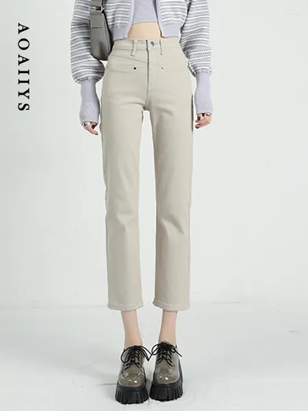 Damenjeans Aoaiiys Beige Für Frauen Denim Hosen Hohe Taille Streetwear Spliced Mom Koreanische Mode Lässig Gerade Bleistift