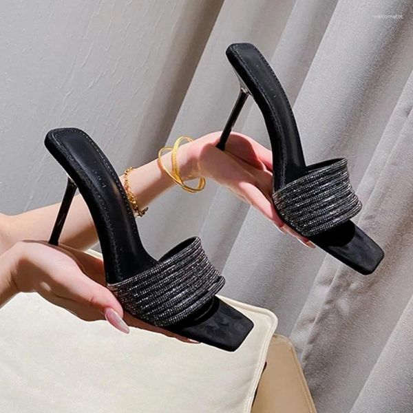 Chinelos preto quadrado toe strass senhoras marca design fino salto alto vestido bombas sapatos para mulheres verão uma cinta stilettos