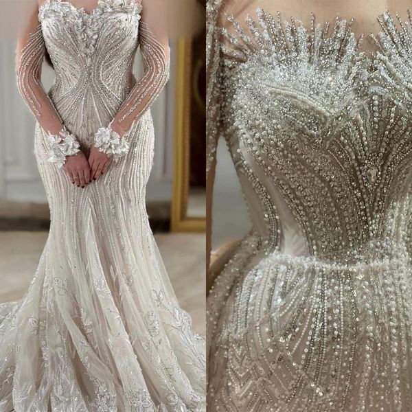 Abiti da sposa glamour a sirena Paillettes che bordano Abiti da sposa con gonne oversize Slim Sheer Manica lunga Abiti da sposa su misura