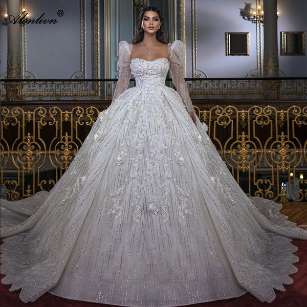 Abito da sposa con strass in pizzo con paillettes scintillanti e perline Abito da sposa con sbuffo maniche lunghe con perline scintillanti 3A-Fiori Appliques Abiti da sposa principessa con strascico da cappella