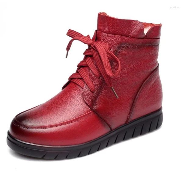 Botas femininas inverno quente tornozelo neve genuína lã de couro plana com vermelho preto redondo toe zip casula mulheres