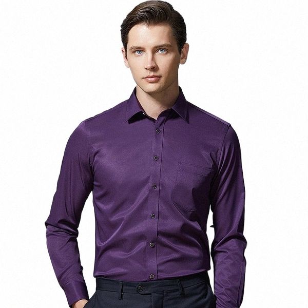 Camicie da uomo Lg Sleeve 2021 Camicie formali viola per uomo Slim Fit Busin Stretch Anti-rughe Profial Tooling Camicetta maschile b0R8 #