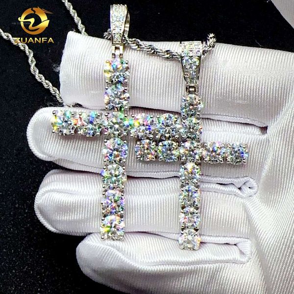 Zuanfa özel boyutu hip hop moissanit 6mm 7mm sterling sier elmas çapraz kolye