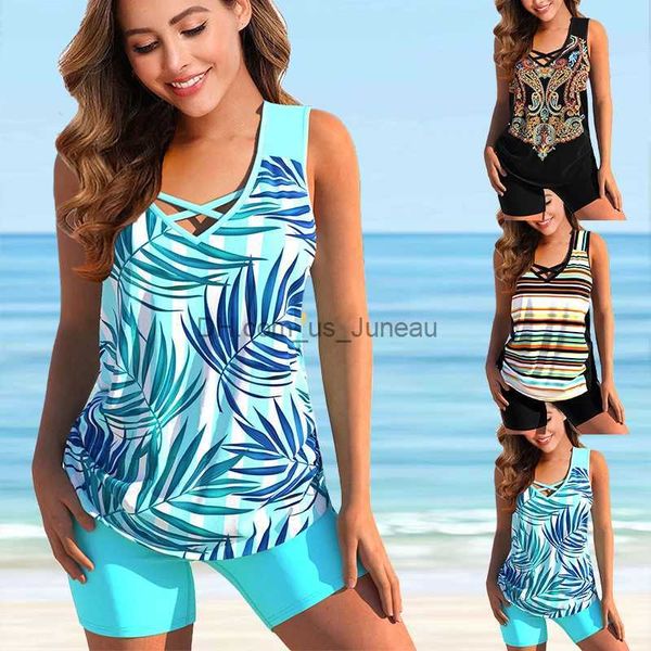 Kadın Mayo Kadın Plaj Giyim Bayanlar Desen Vest Tankini Mayo Mayo Takım İki Parça Bikini Set Mayo Beach Giyim V Tur S-6XL T240328