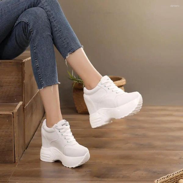 Sapatos casuais femininos plataforma formadores tornozelo botas outono lona branco tênis 11cm saltos cunhas respirável altura crescente