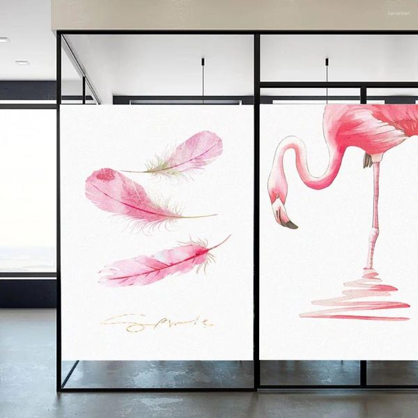 Adesivos de janela Filme de privacidade Rosa Feathered Flamingo Fosco Static Cling Sun Blocking Adesivo de vidro para decoração de casa