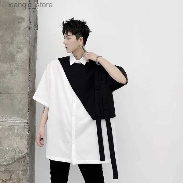 Homens camisetas 2022 preto branco retalhos fitas de manga curta camisa mens harajuku rua moda blusa techwear casual luxo homens camisas24328