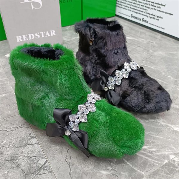 Botas de cristal botinas bowknot botines mujer viscor botas de neve de pele grossa sapatos de plataforma verde skidproof plangs inverno