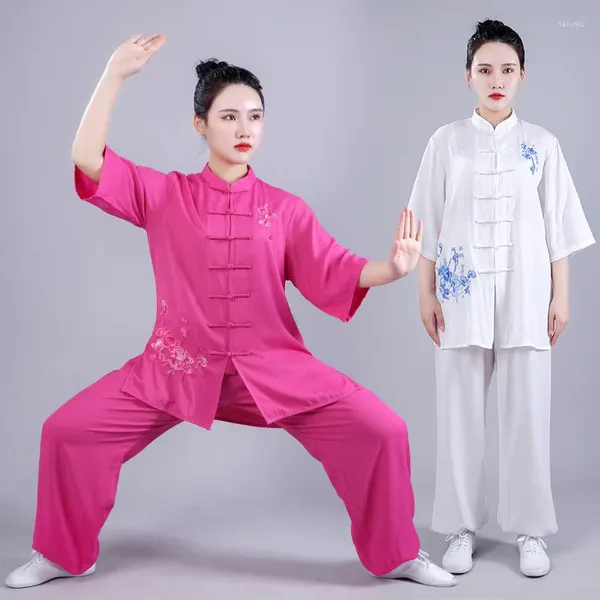 Etnik Giysiler Kadınlar 2024 Yaz Kısa Kollu Gevşek Gevşek Wushu Moda Nakış Tai Chi Dövüş Sanatları Giysileri Takım