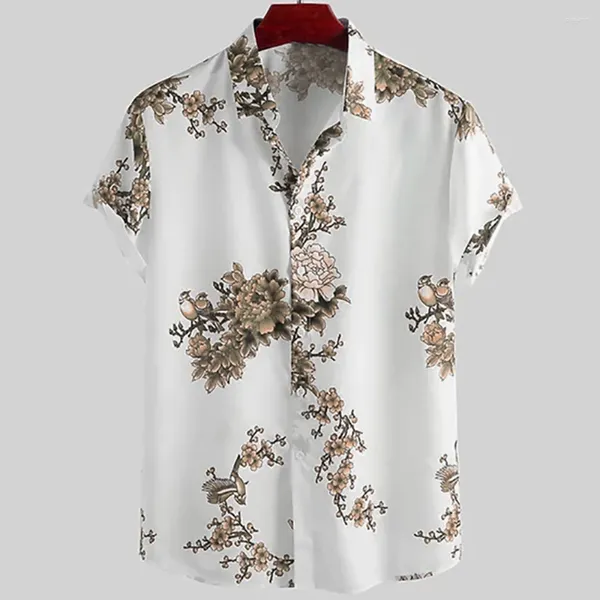 Мужские повседневные рубашки, модная рубашка с японским цветочным принтом и птицами, гавайская блузка, свободная дышащая уличная одежда с короткими рукавами