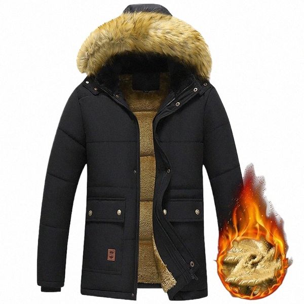 Männer Winter Pelz Kragen Dicke Warme Parkas Winddicht Fleece Gefüttert Abnehmbare Kapuze Jacke Männliche Cott Outwear Mäntel Casual Jacke p6Ji #