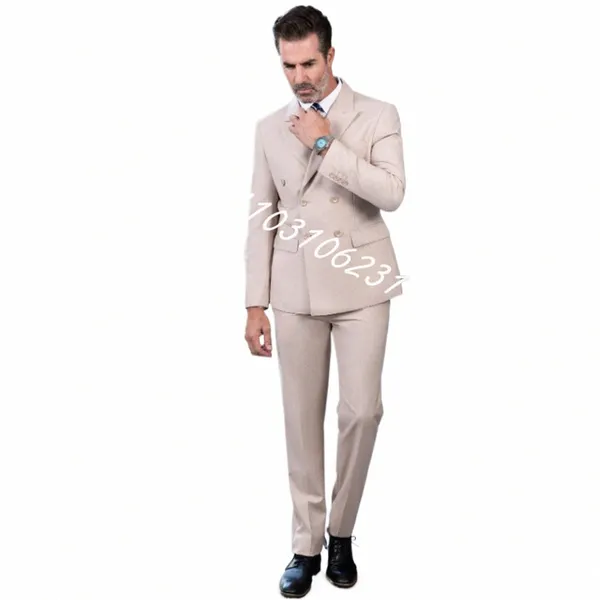 2 peças ternos bege para homens Slim Fit noivo smoking casamento melhores padrinhos ternos formais festa blazer calças trajes de hombre f3xD #