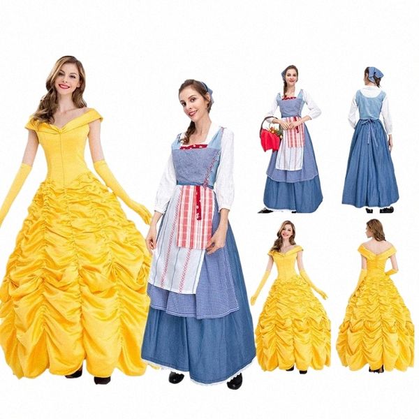 Belle Cosplay Traje Adulto Mulheres Princ Dr Luvas Fantasia Maid Apr Headband Outfits Halen Carnaval Party Suit X71S #