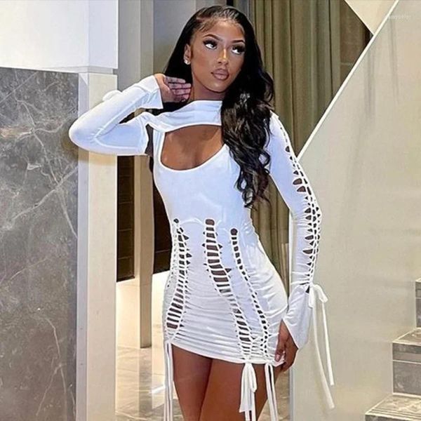 Casual Kleider WUHE Frauen Lace Up Bodycon Verband Kurze Club Kleid Abend Sexy Party Mit Flare Langarm Mini Cover Vestidos